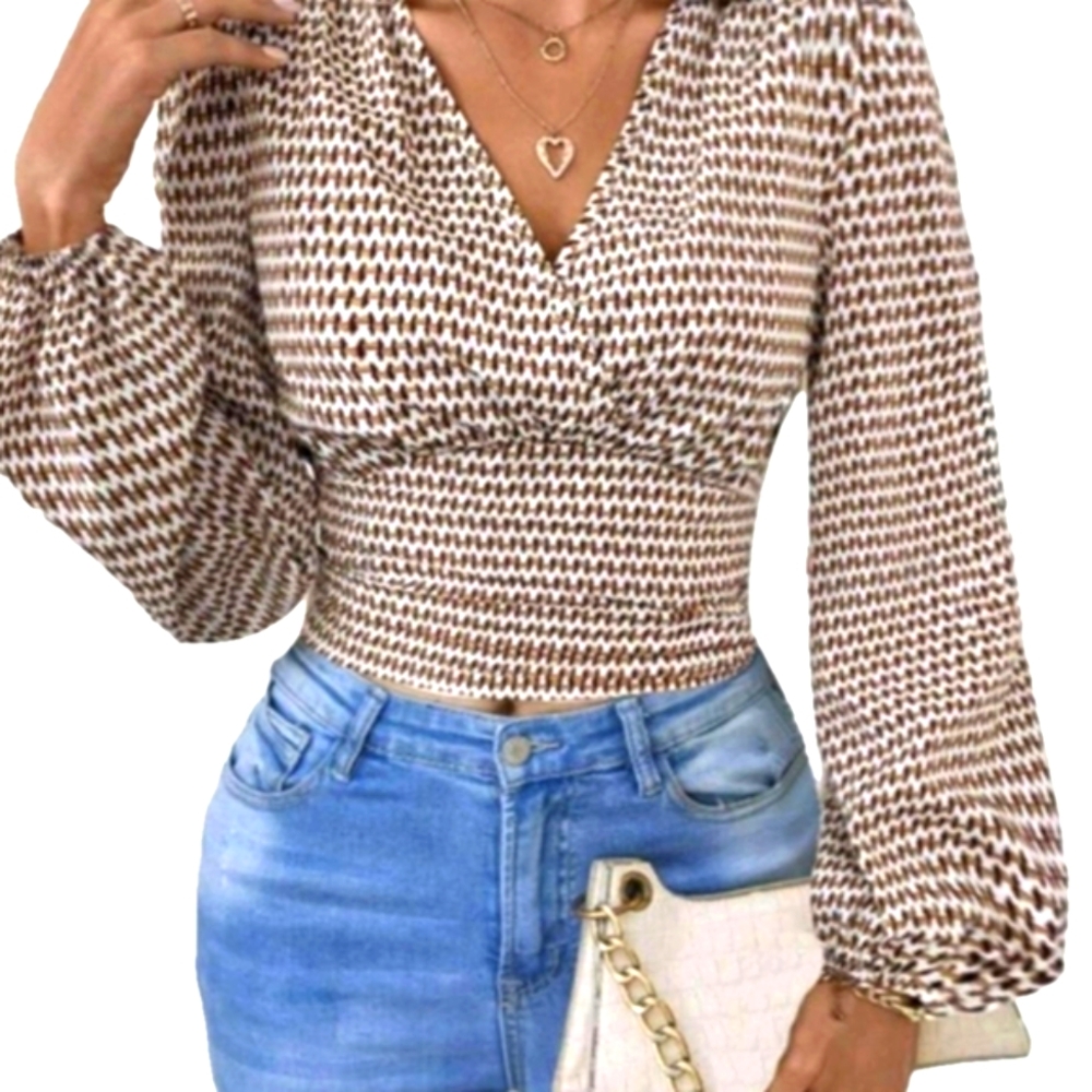 Bohemian Blouse Brown White Houndstooth Print Lantern Long Sleeve Fall Top - Picture 5 of 10